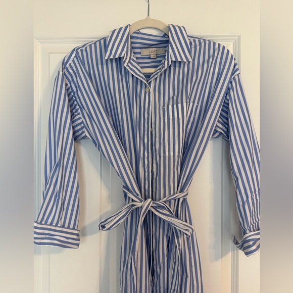 LOFT Light Blue Striped Poplin Belted Pocket Shirtdress - Picture 2 of 5
